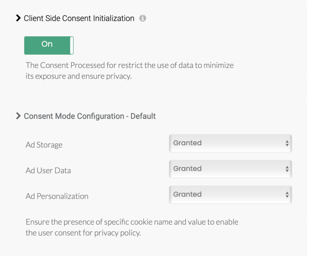 The screenshot from CustomerLabs App shows Consent Mode v2 settings for Ad_storage, ad_personalization and ad_user_data along with the default granted or denied consent status for every website visitor. 